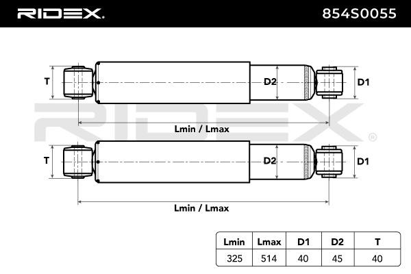 RIDEX 854S0055 Shock absorber Rear Axle, Oil Pressure, Twin-Tube, Telescopic Shock Absorber, Top eye, Bottom eye