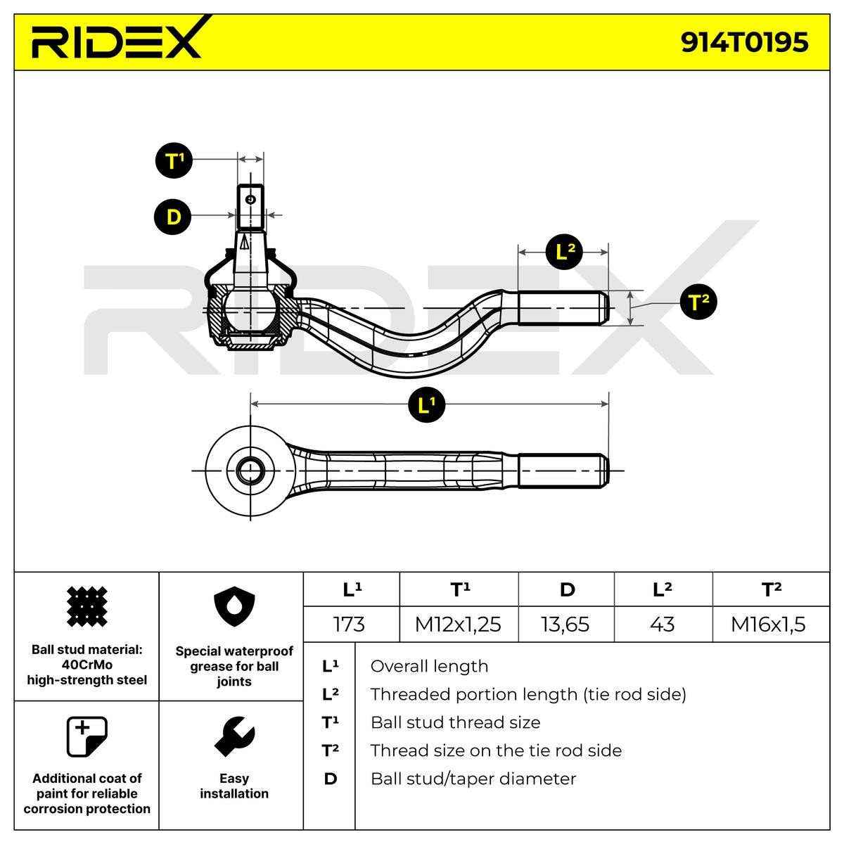914T0195 Tie rod end 914T0195 RIDEX Cone Size 13,6 mm, M12X1,25, Front Axle, both sides, inner