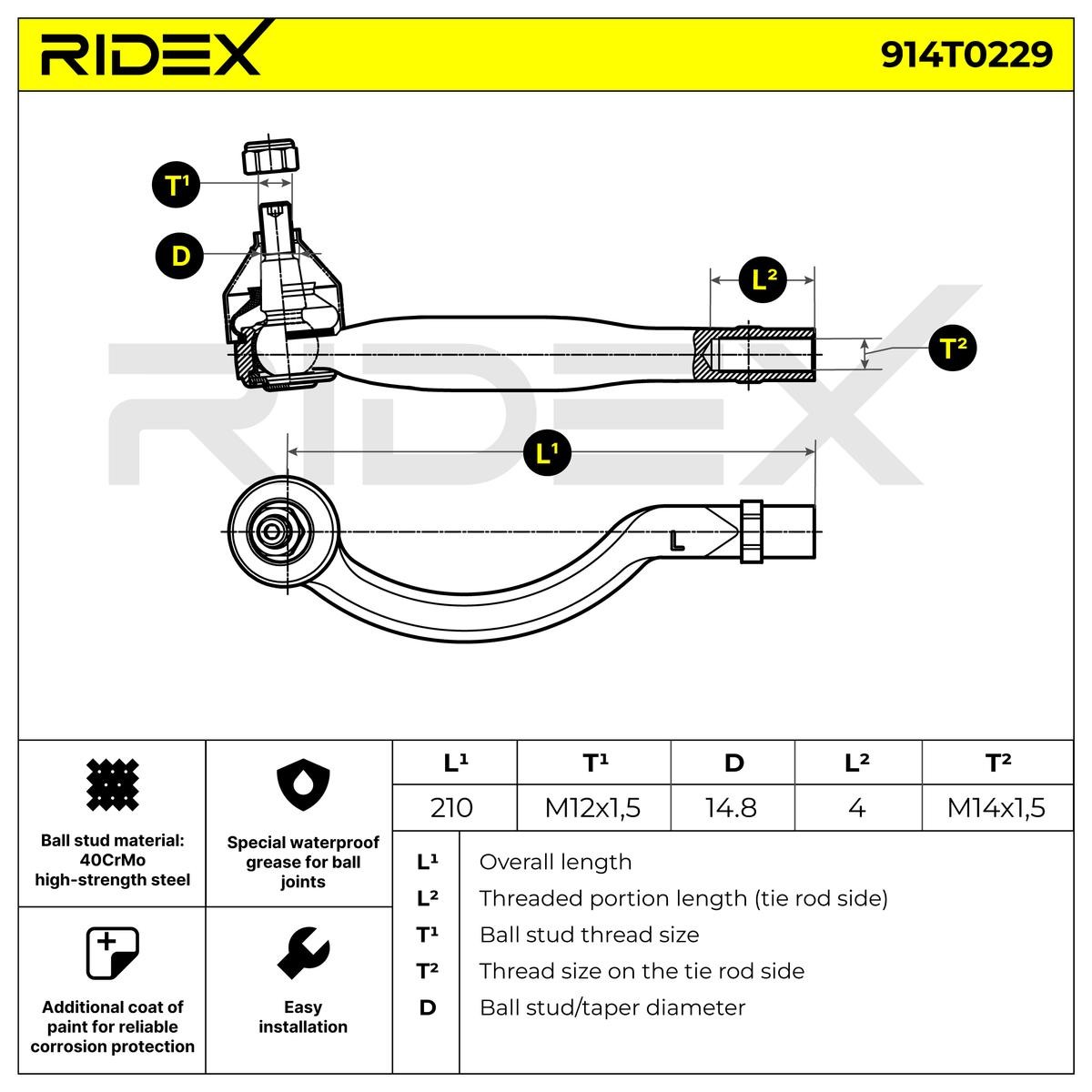 914T0229 Tie rod end 914T0229 RIDEX Front Axle Left