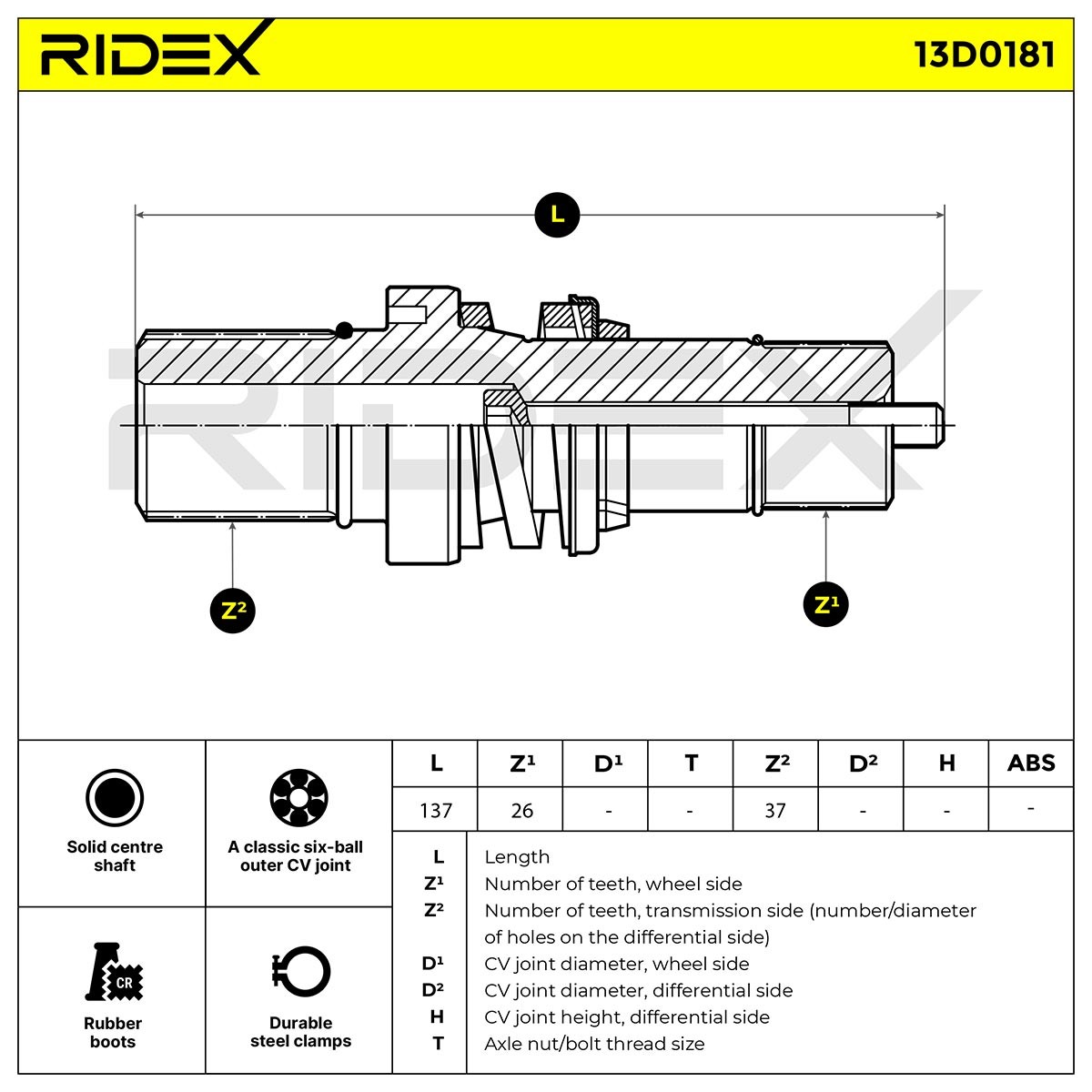 13D0181 RIDEX Antriebswelle Vorderachse rechts, 136.6mm