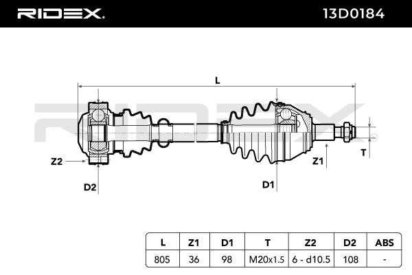 OEM-quality RIDEX 13D0184 CV axle shaft