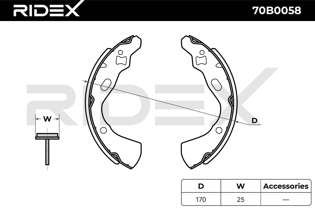 70B0058 Brake Shoes 70B0058 RIDEX Rear Axle, Ø: 170 x 25 mm, without lever