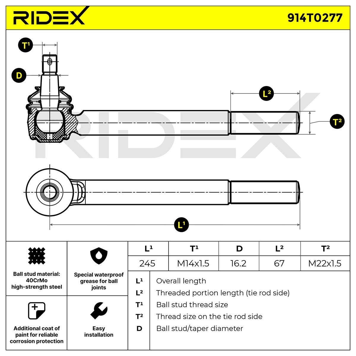 914T0277 Tie rod end 914T0277 RIDEX M22x1,5, Centre, Front, Front Axle