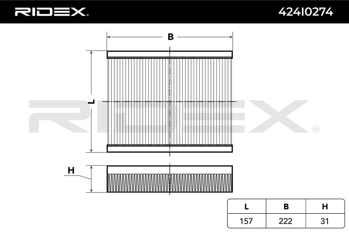 RIDEX 424I0274 Air conditioner filter Pollen Filter, 157 mm x 222 mm x 31 mm