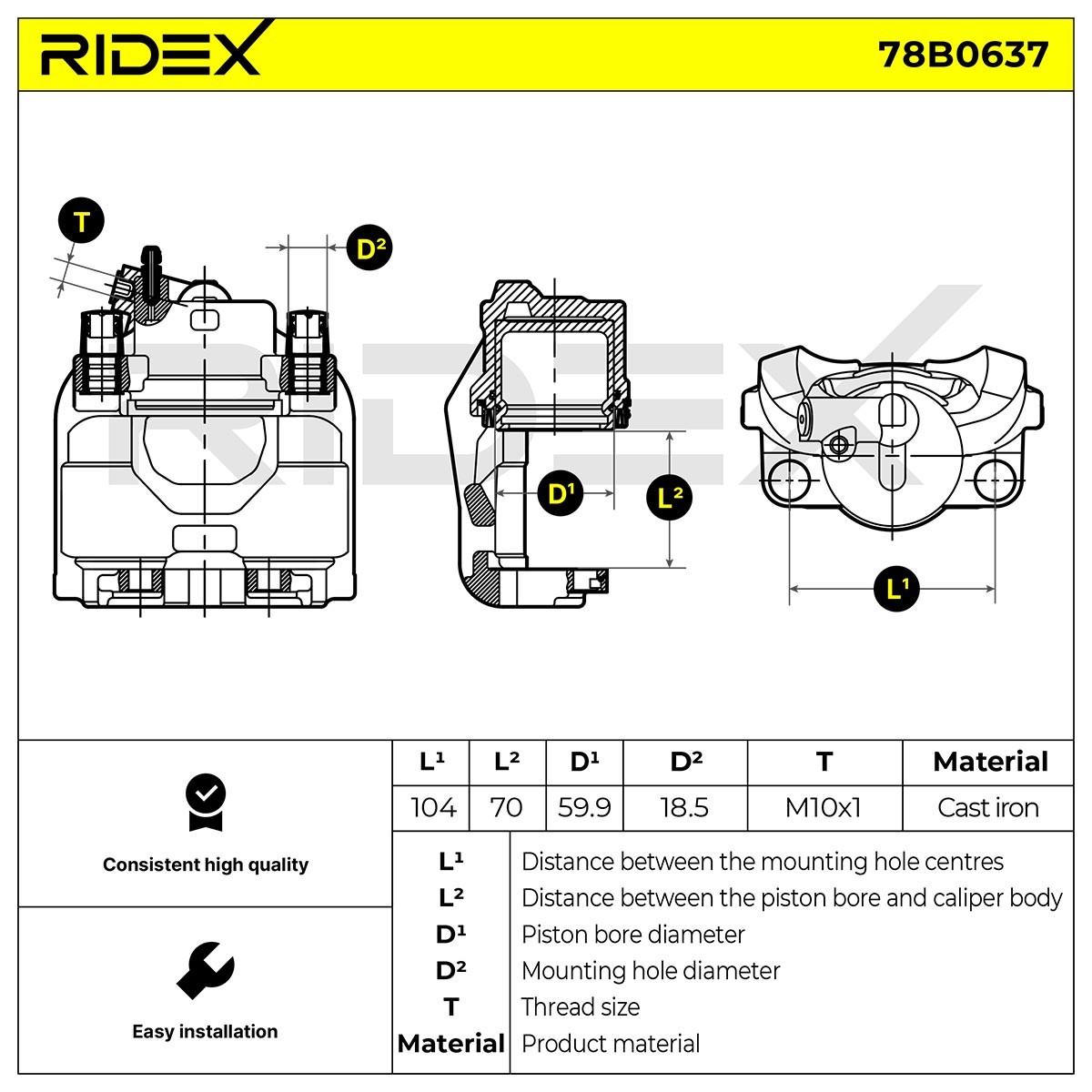 78B0637 Caliper 78B0637 RIDEX Steel, Cast Iron, 104mm, Front Axle Left, in front of axle, without holder