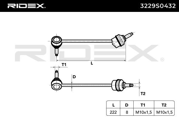 3229S0432 Anti-roll bar linkage 3229S0432 RIDEX Rear Axle Right, 222mm, M10 x 1,5 , Steel
