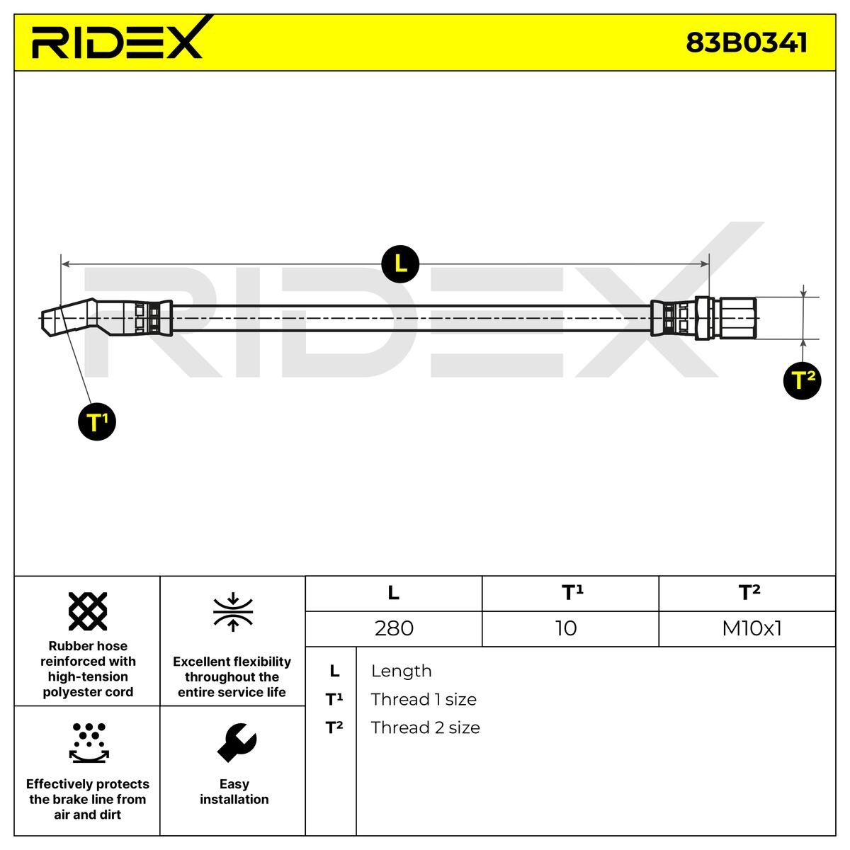 RIDEX eje delantero, ambos lados, BANJO 10.0 mm, 280 mm Rosca 1: BANJO 10.0 mm, Rosca 2: INN. M10x1.25 Tubo flexible de frenos 83B0341 comprar online