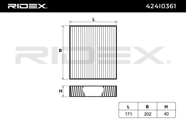 Filtro condizionatore 424I0361 RIDEX Filtro particellare, Cartuccia filtro, 203 mm x 178 mm x 40 mm