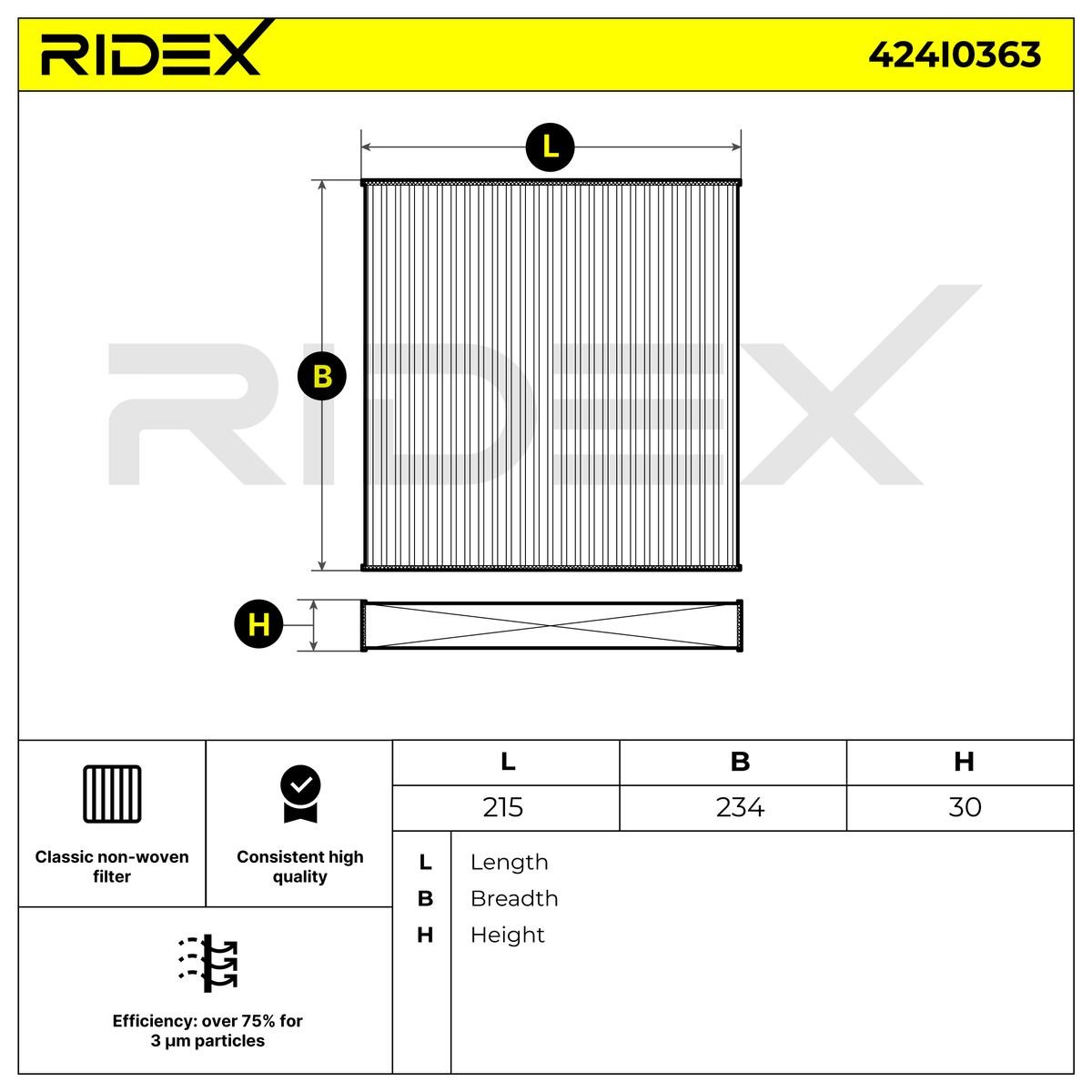 RIDEX 424I0363 Microfiltro Filtro particellare x 234 mm x 30,0 mm