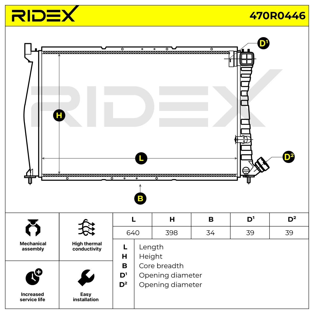 470R0446 Radiator 470R0446 RIDEX Aluminium, for vehicles with/without air conditioning, Brazed cooling fins