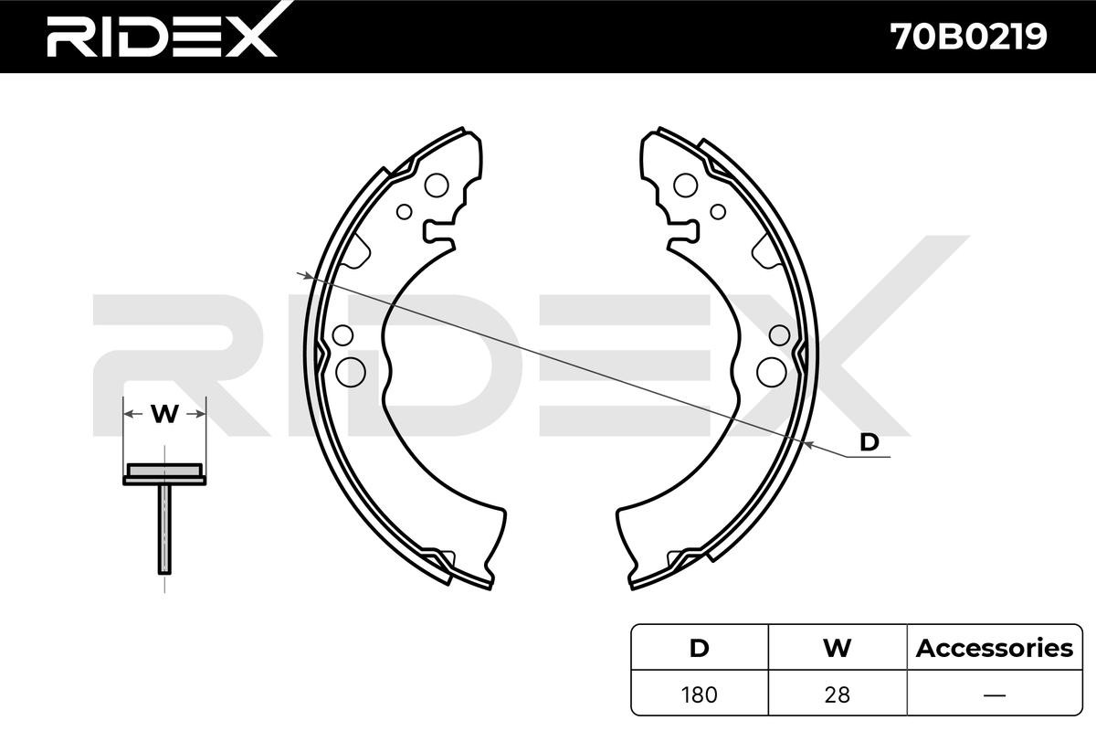70B0219 Brake Shoes 70B0219 RIDEX Front Axle, Rear Axle, Ø: 180 x 28 mm
