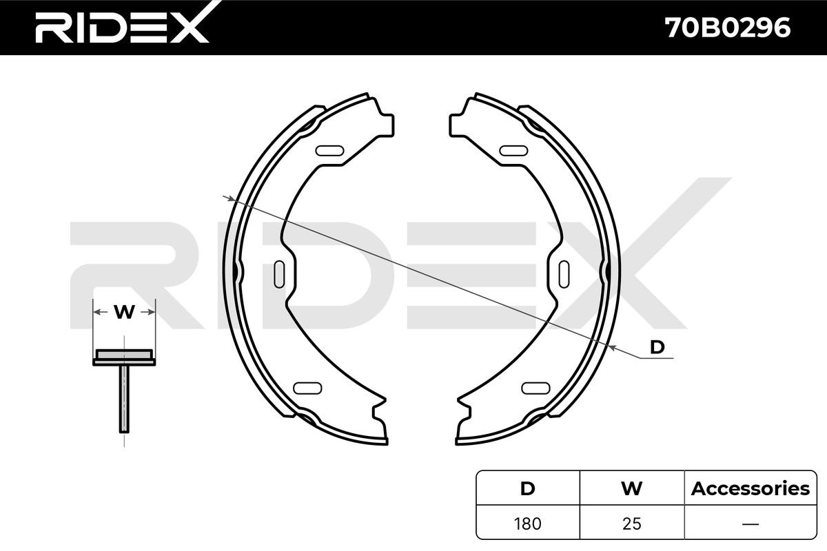 70B0296 Brake Shoes 70B0296 RIDEX Rear Axle, Ø: 180 x 25 mm, without lever, without accessories