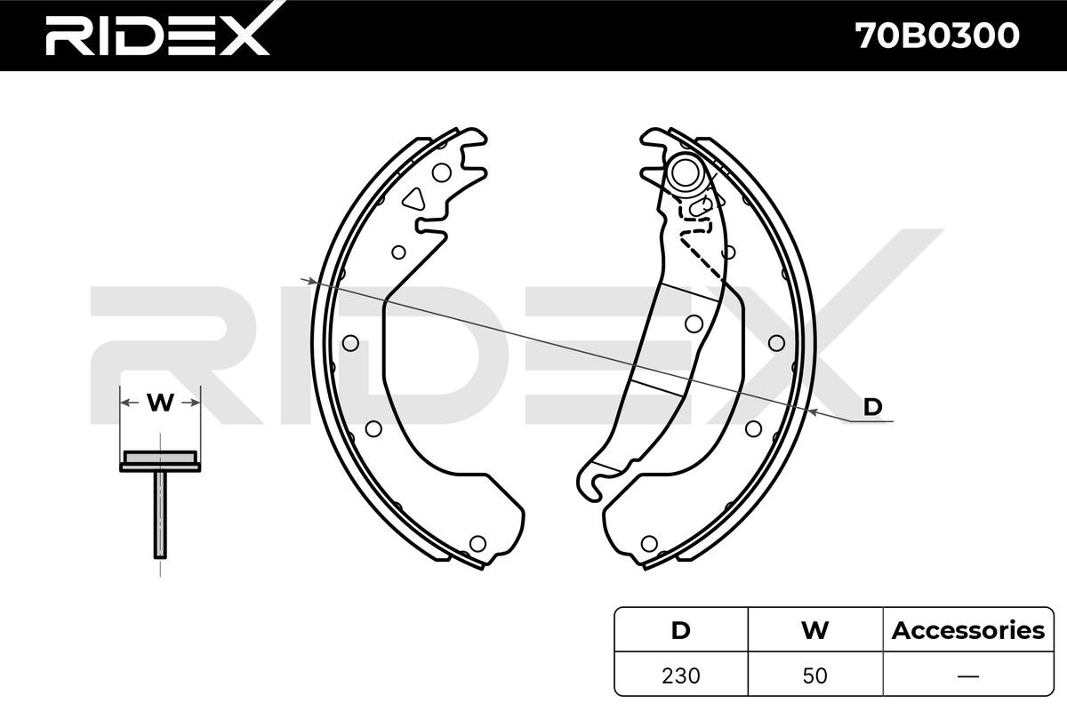70B0300 Brake Shoes 70B0300 RIDEX Rear Axle, Ø: 230 x 50 mm
