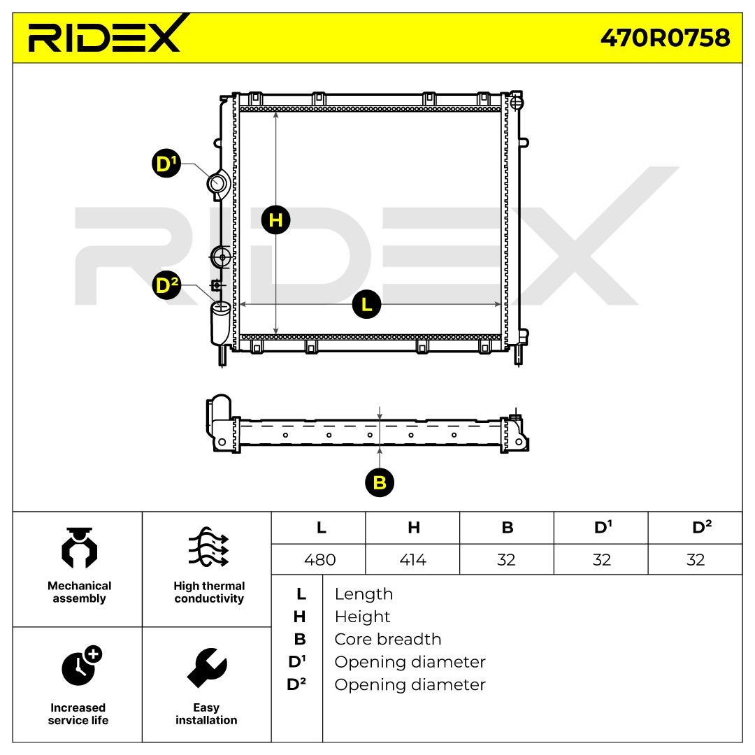 470R0758 Radiator 470R0758 RIDEX Aluminium, Plastic, for vehicles without air conditioning, for vehicles with/without air conditioning, Manual Transmission