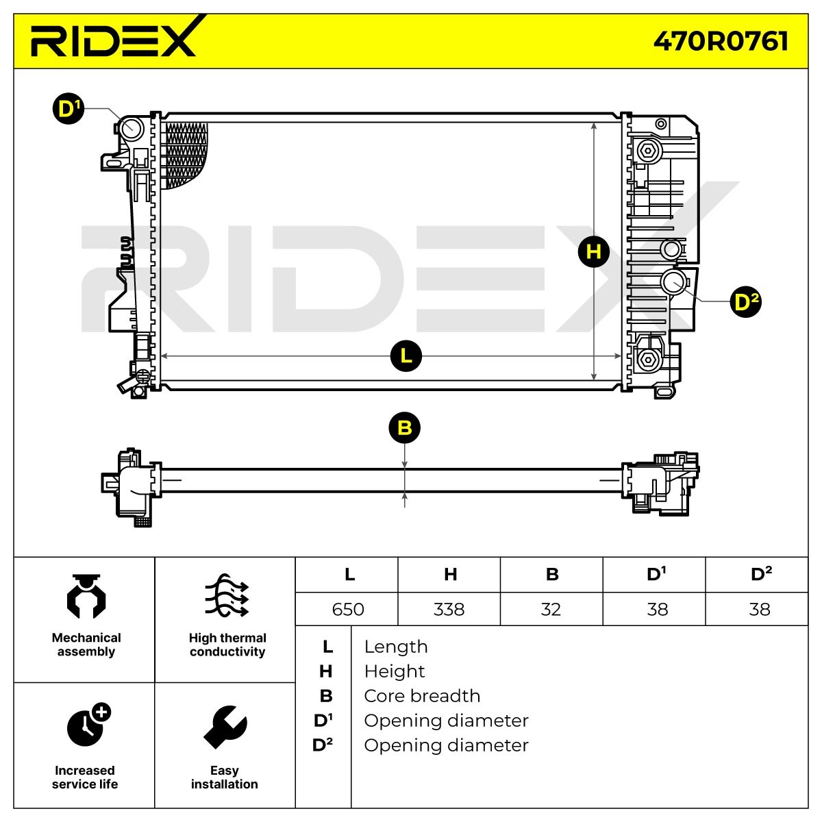 470R0761 Radiator 470R0761 RIDEX Aluminium, Plastic