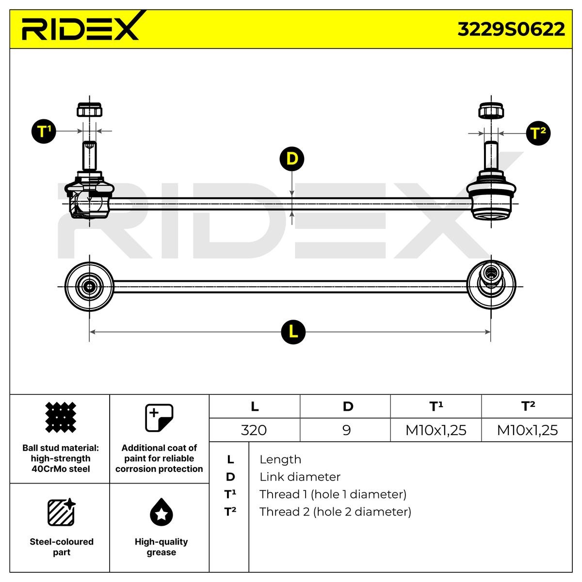 3229S0622 Anti-roll bar linkage 3229S0622 RIDEX Front Axle, Left, 320mm, M10X1.25