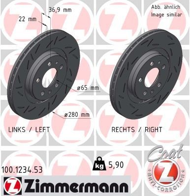 ZIMMERMANN BLACK Z 100.1234.53 Disco freno 280x22mm, 7/5, 5x100, con ventilazione esterna, intagliato, rivestito, ad alto tenore di carbonio