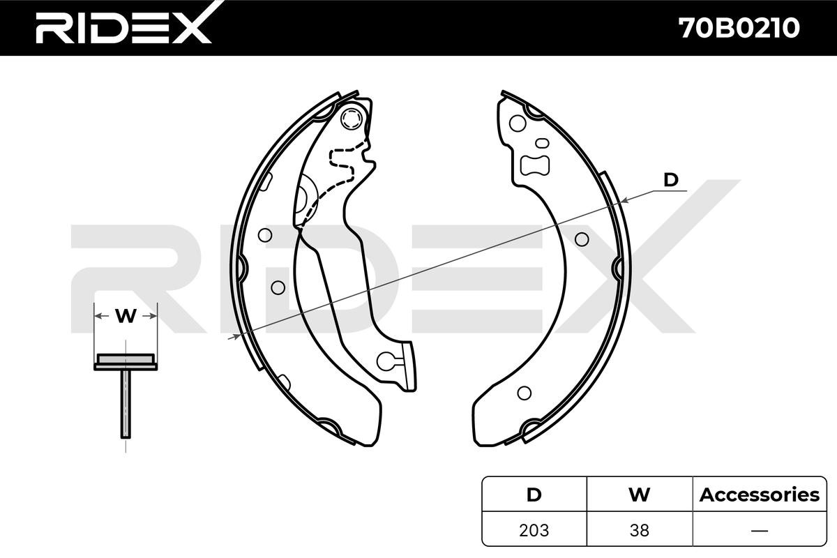 70B0210 Brake Shoes 70B0210 RIDEX Rear Axle, Ø: 203 x 38 mm, with handbrake lever, without wheel brake cylinder, without accessories