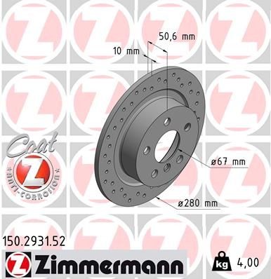 ZIMMERMANN SPORT COAT Z 150.2931.52 Brake disc 280x10mm, 6/5, 5x112, solid, Perforated, Coated, High-carbon