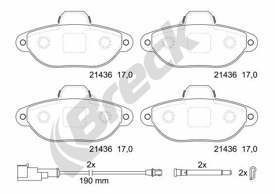 21436 00 702 10 BRECK Brake pad set FORD prepared for wear indicator, incl. wear warning contact, with accessories
