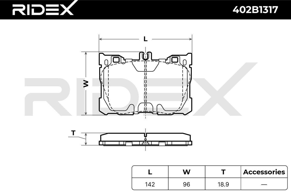 402B1317 Set of brake pads 402B1317 RIDEX Front Axle, prepared for wear indicator, excl. wear warning contact