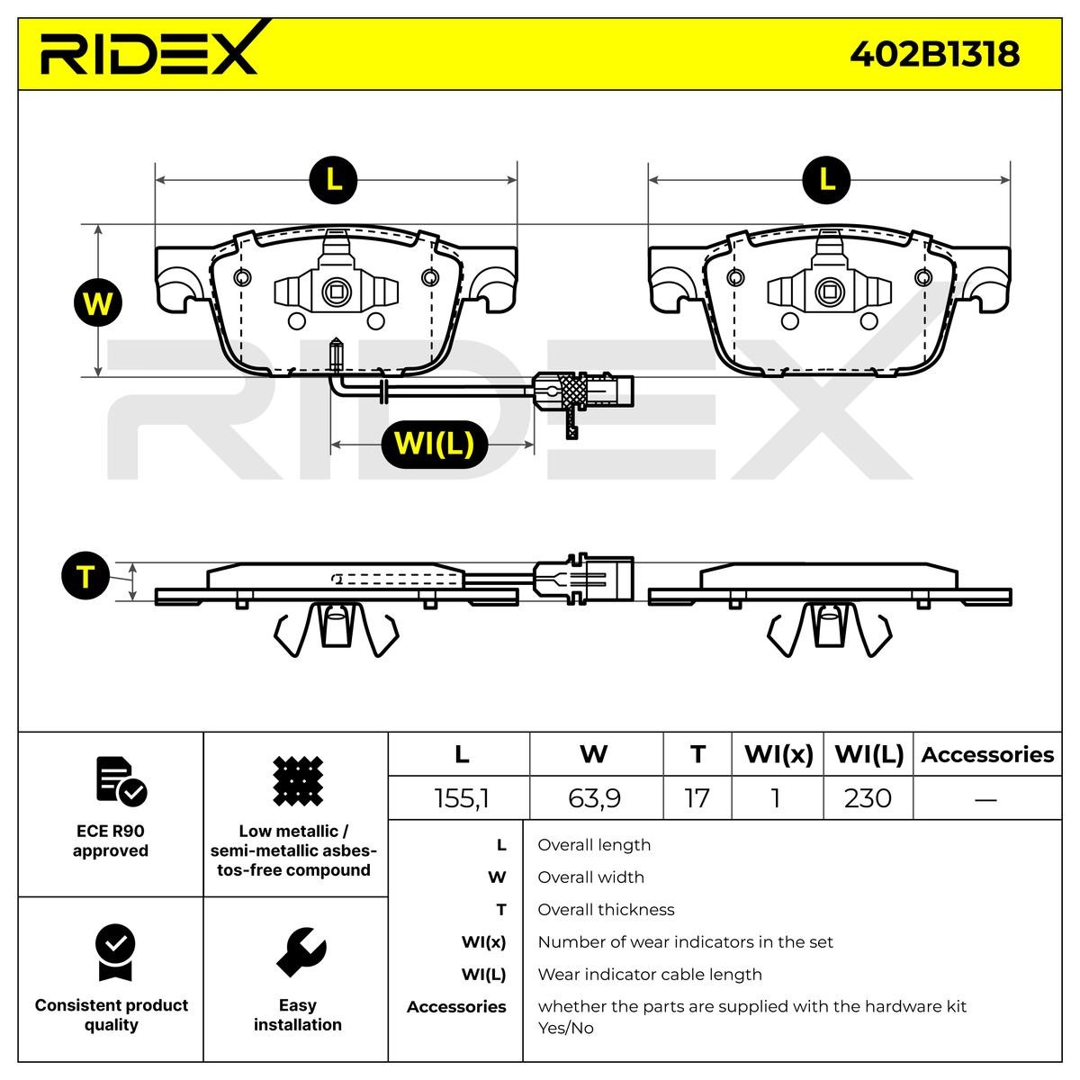 402B1318 Set of brake pads 402B1318 RIDEX Front Axle, incl. wear warning contact, with piston clip, without accessories