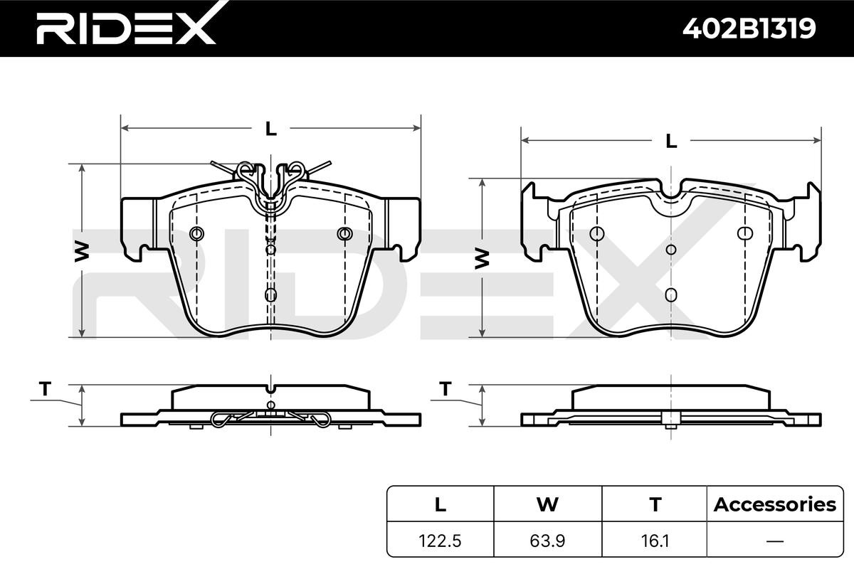 402B1319 Set of brake pads 402B1319 RIDEX Rear Axle, prepared for wear indicator