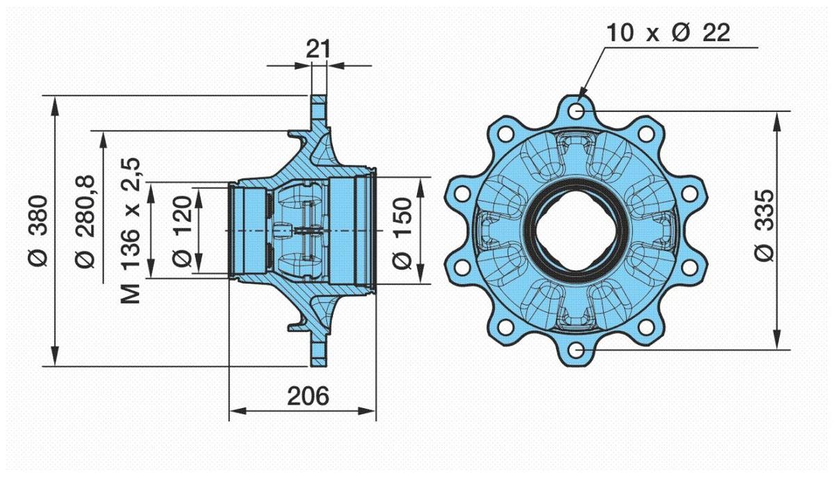 BPW 09.801.06.62.2 Wheel Hub 10x335, with bearing(s), with seal ring, with nut, with cap, Rear Axle
