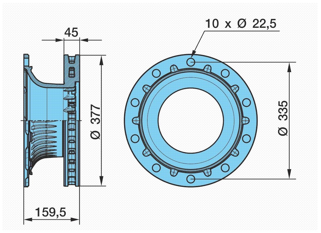 Brake disc BPW 377x45,0mm, 10/10x335,0, internally vented - 03.088.34.10.7