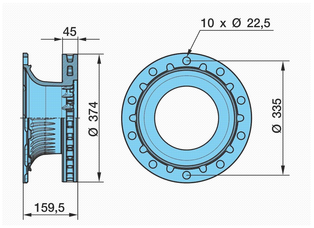 BPW 374, 10x335, internally vented Ø: 374mm, Num. of holes: 10 Brake rotor 03.088.34.21.7 buy