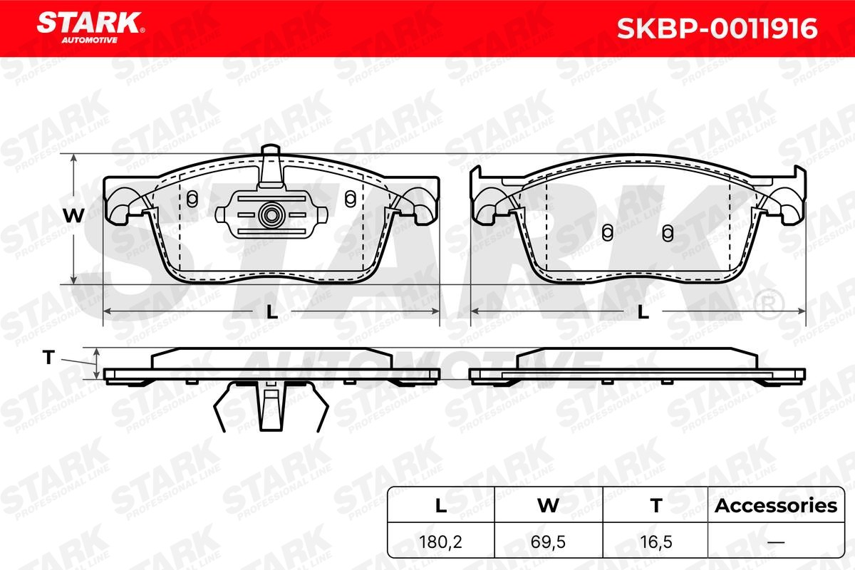 SKBP-0011916 Set of brake pads SKBP-0011916 STARK Front Axle, without acoustic wear warning, excl. wear warning contact, with anti-squeak plate, with staples, Axle Vers.: Front