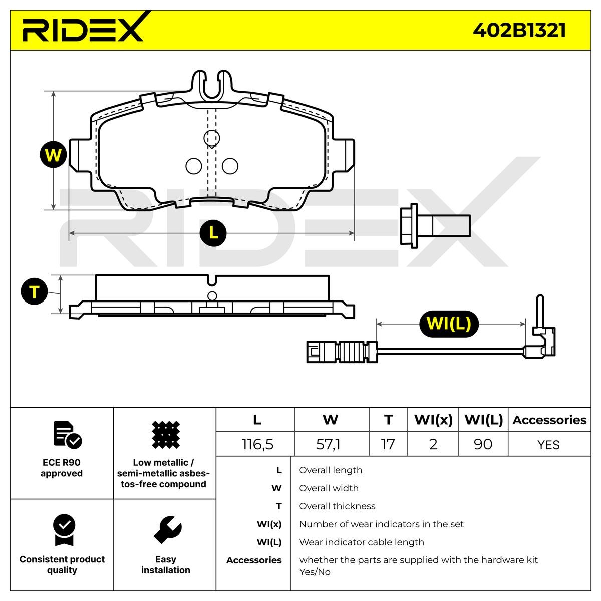 402B1321 Set of brake pads 402B1321 RIDEX Front Axle, incl. wear warning contact