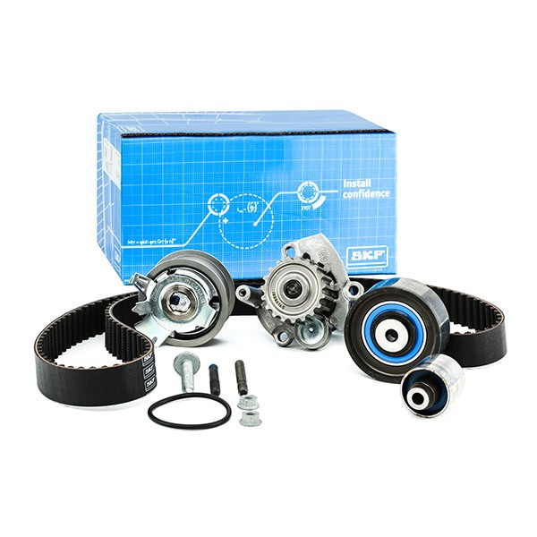 Timing belt kit with water pump SKF with gaskets/seals, with studs, Number of Teeth: 141, with rounded tooth profile, Plastic - VKMC 01255-1
