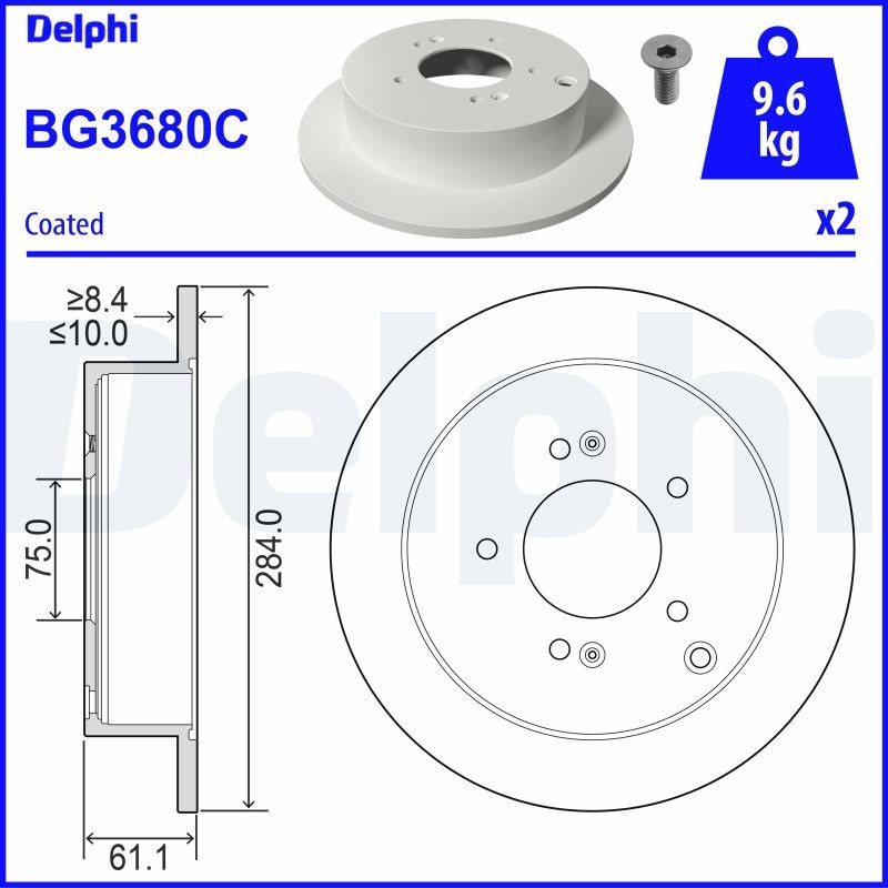 BG3680C DELPHI Brake rotors KIA 284x10mm, 5, solid, Coated, Untreated