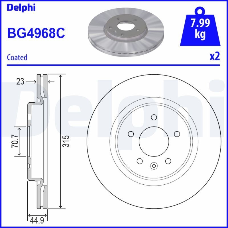 DELPHI 315x23mm, 5, Vented, Coated, Untreated Ø: 315mm, Num. of holes: 5, Brake Disc Thickness: 23mm Brake rotor BG4968C buy