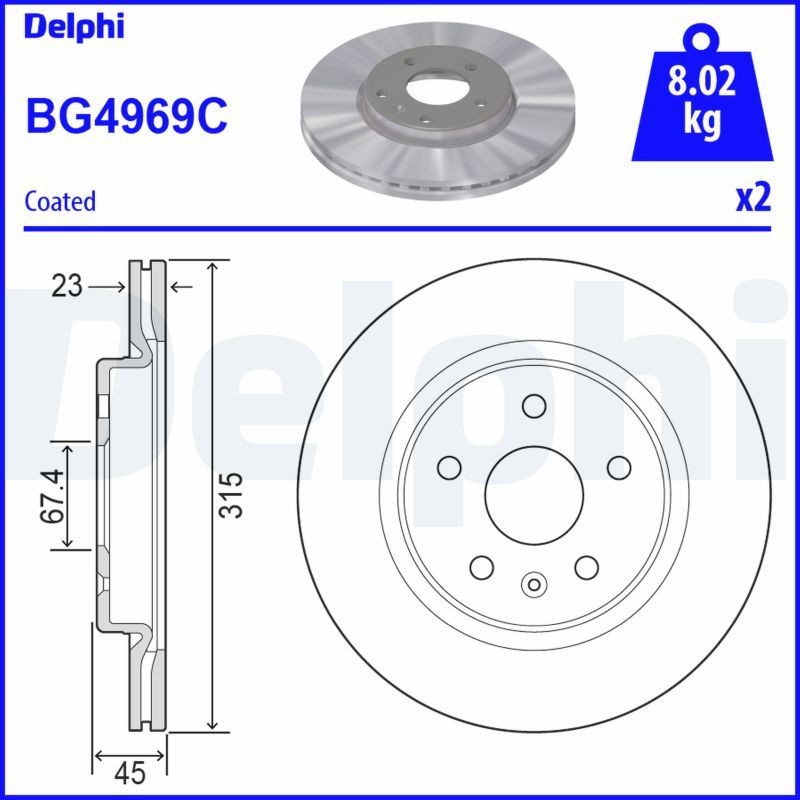 DELPHI 315x23mm, 5, Vented, Coated, Untreated Ø: 315mm, Num. of holes: 5, Brake Disc Thickness: 23mm Brake rotor BG4969C buy