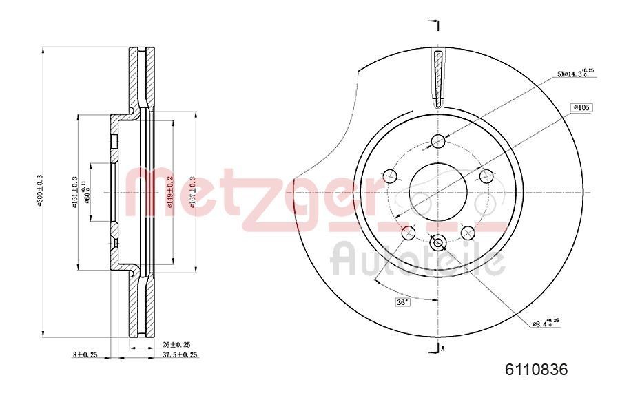 METZGER Front Axle, 300x26,1mm, 5x105, internally vented, Painted, Cross-hatch Ø: 300mm, Num. of holes: 5, Brake Disc Thickness: 26,1mm Brake rotor 6110836 buy