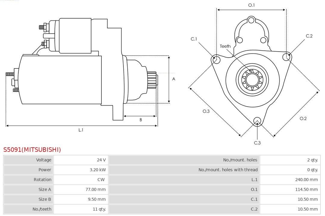S5091(MITSUBISHI) Starter motor S5091(MITSUBISHI) AS-PL 24V, 3,20kW, Number of Teeth: 11
