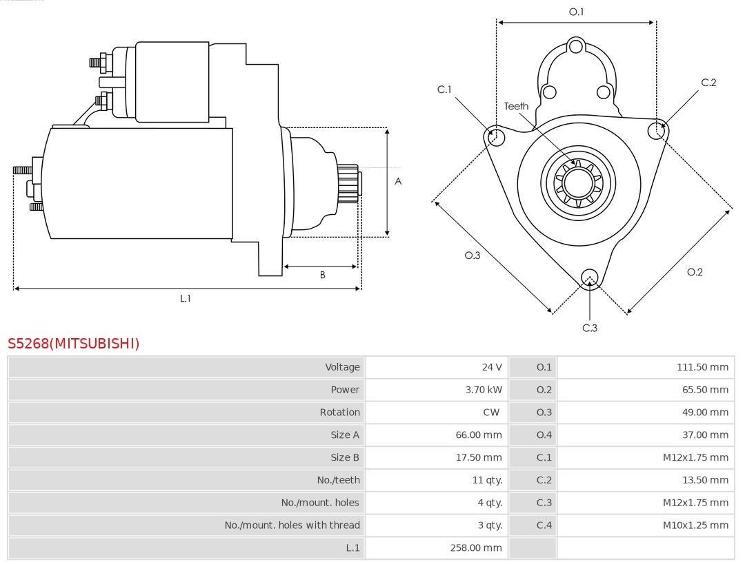 S5268(MITSUBISHI) Starter motor S5268(MITSUBISHI) AS-PL 24V, 3,70kW, Number of Teeth: 11