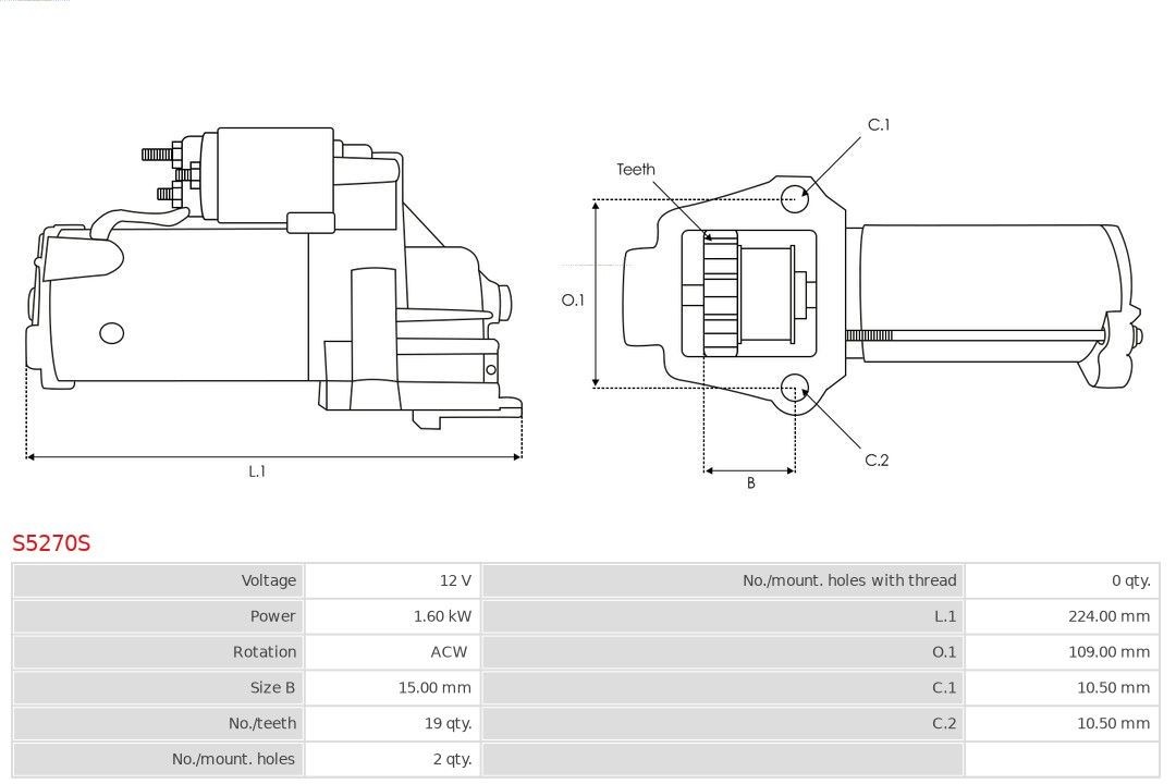 S5270S Starter motor S5270S AS-PL 12V, 1,60kW, Number of Teeth: 19