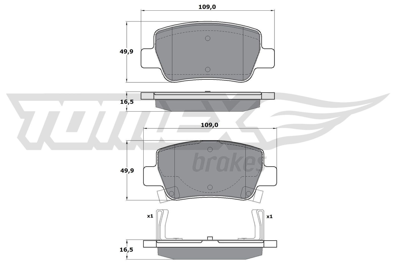 17-21 TOMEX brakes Rear Axle, with acoustic wear warning Height: 49,9mm, Width: 109mm, Thickness: 16,5mm Brake pads TX 17-21 buy