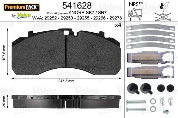 VALEO Front Axle, Rear Axle, excl. wear warning contact, without lock screw set Height: 107,6mm, Width: 247,3mm, Thickness: 30mm Brake pads 541628 buy