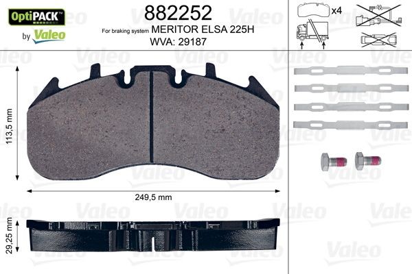 WVA29187 VALEO Front Axle, excl. wear warning contact, with bolts/screws Height: 113,5mm, Width 2 [mm]: 250mm, Width: 250mm, Thickness: 29mm Brake pads 882252 buy