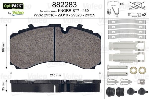 VALEO Rear Axle, excl. wear warning contact, without bolts/screws Height: 107mm, Width: 215mm, Thickness: 33mm Brake pads 882283 buy