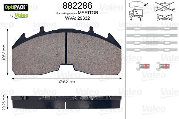 VALEO excl. wear warning contact, with bolts/screws Height: 106,8mm, Width: 250mm, Thickness: 29mm Brake pads 882286 buy