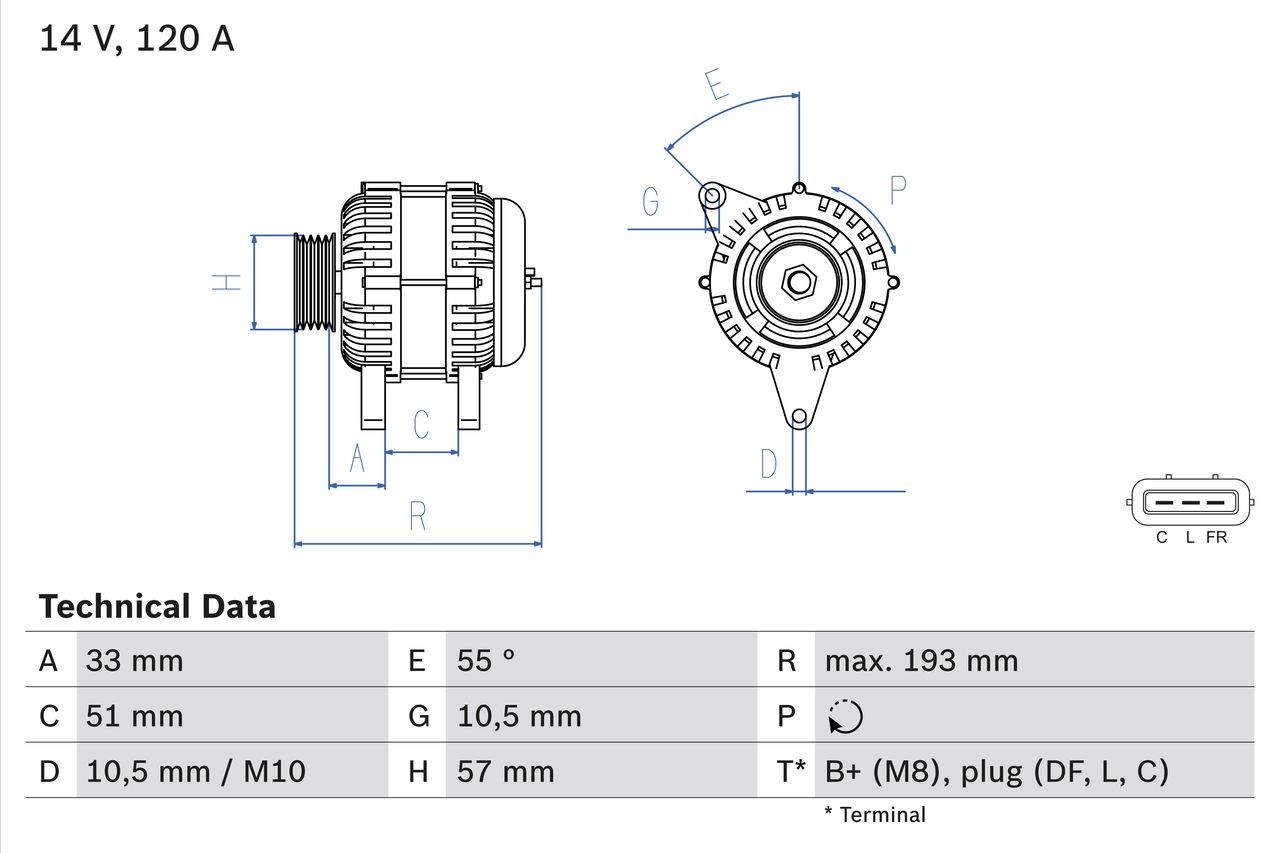 8383 BOSCH 14V, 120A, B+(M8),PLUG(DF,L,C), PL176, excl. vacuum pump, Ø 57 mm Generator 0 986 083 830 buy