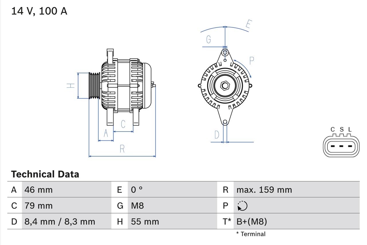 BOSCH 0 986 084 440 Alternator 14V, 100A, B+(M8), PL332, excl. vacuum pump, Ø 55 mm