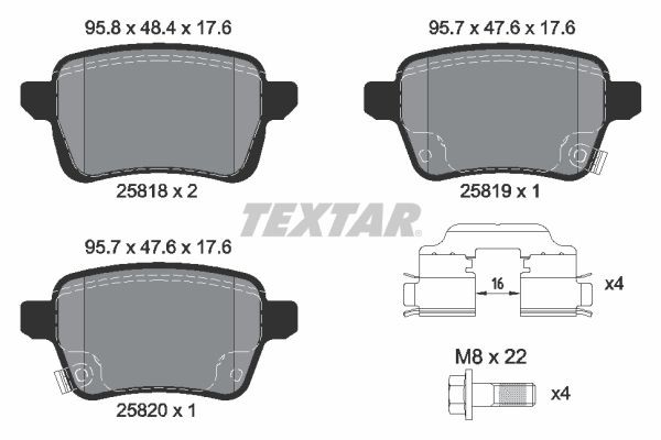 25818 TEXTAR not prepared for wear indicator, with brake caliper screws, with accessories Height 1: 48,4mm, Height 2: 47,6mm, Width 1: 95,8mm, Width 2 [mm]: 95,7mm, Thickness: 17,6mm Brake pads 2581802 buy