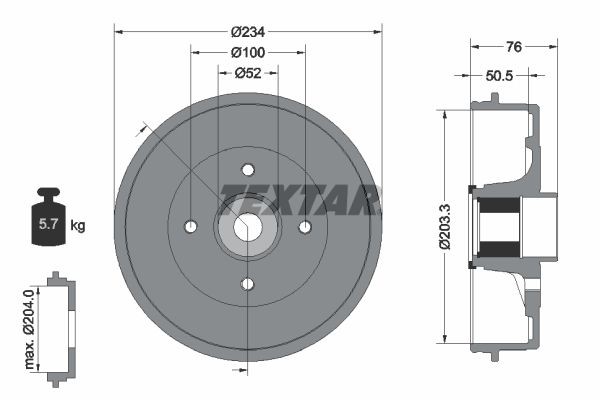 TEXTAR 94045000 Brake Drum with wheel hub, with ABS sensor ring, with wheel bearing, without wheel studs, 234mm