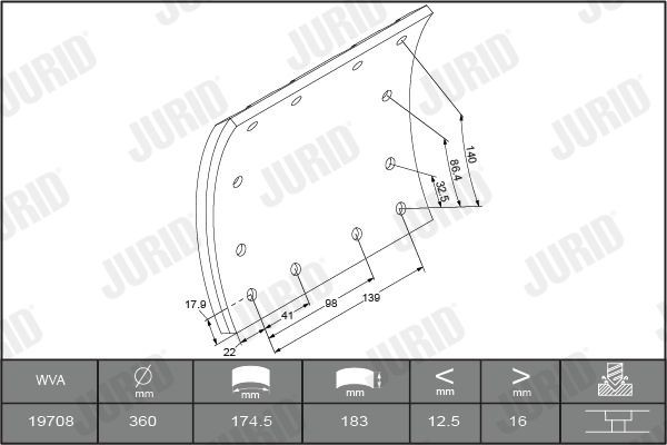 19708 JURID 1970801230 Brake Lining Kit, drum brake 81502216070